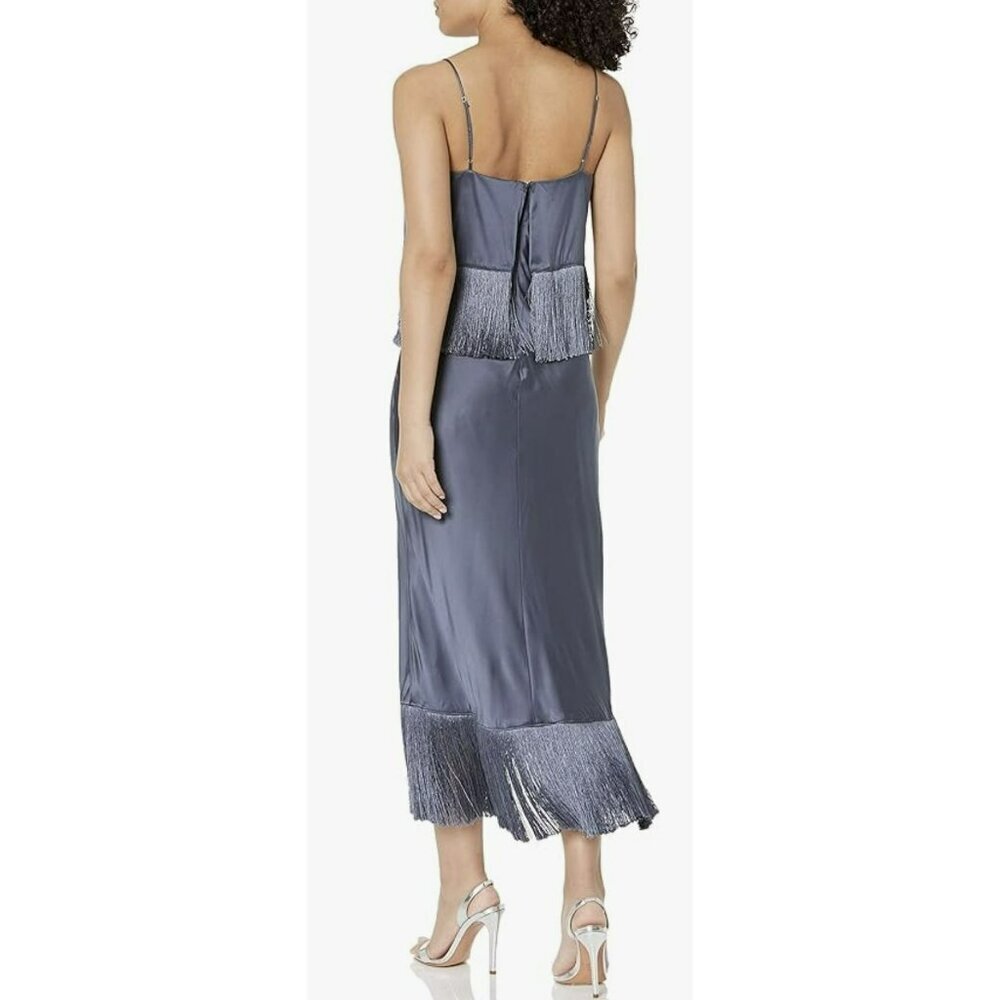 Cinq a Sept $595 Fringed Silk Midi Dress Size 6 Shadow Blue NWT - Picture 2 of 8